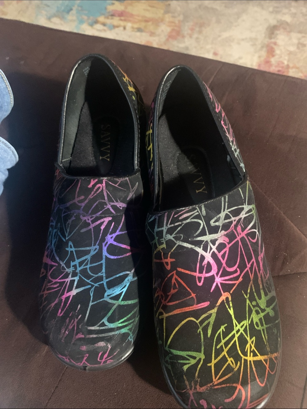 Savvy womens Black Slip-On mules with Rainbow Scribble Design